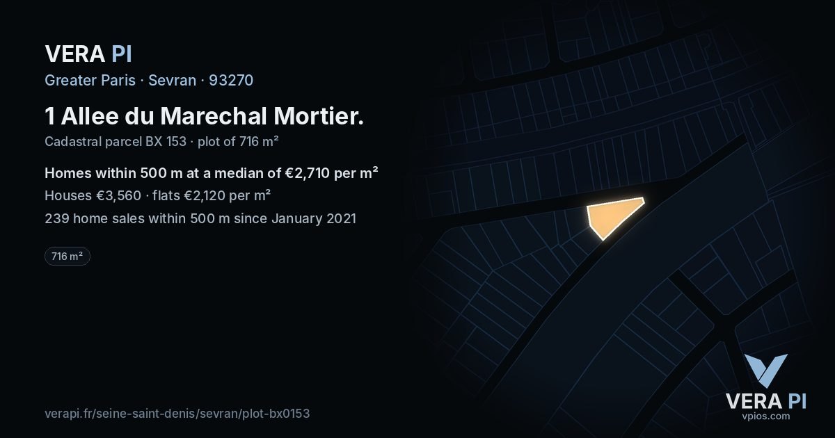 1 Allee du Marechal Mortier, Sevran at night – the plot lit, the parcels around coloured by the prices near them