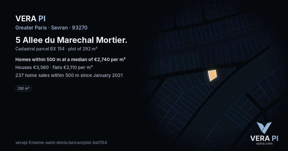 5 Allee du Marechal Mortier, Sevran at night – the plot lit, the parcels around coloured by the prices near them