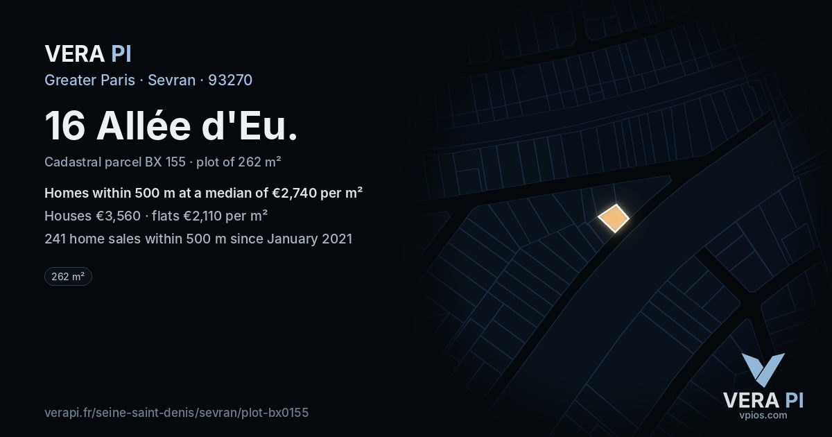 16 Allée d'Eu, Sevran at night – the plot lit, the parcels around coloured by the prices near them