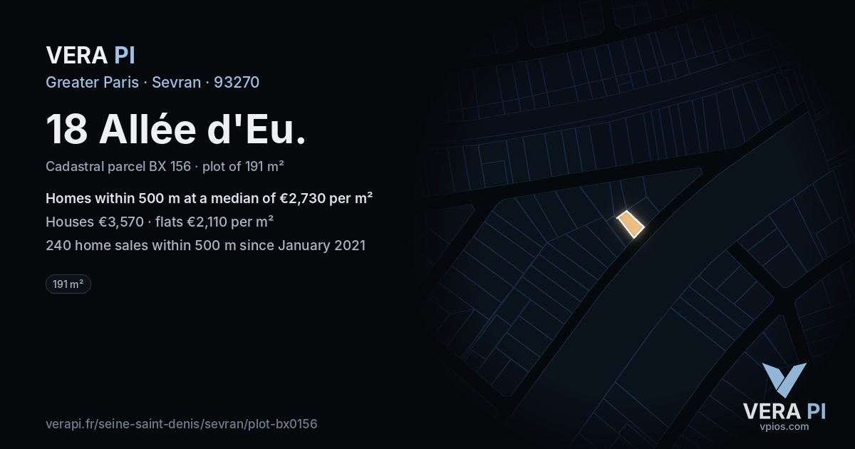 18 Allée d'Eu, Sevran at night – the plot lit, the parcels around coloured by the prices near them