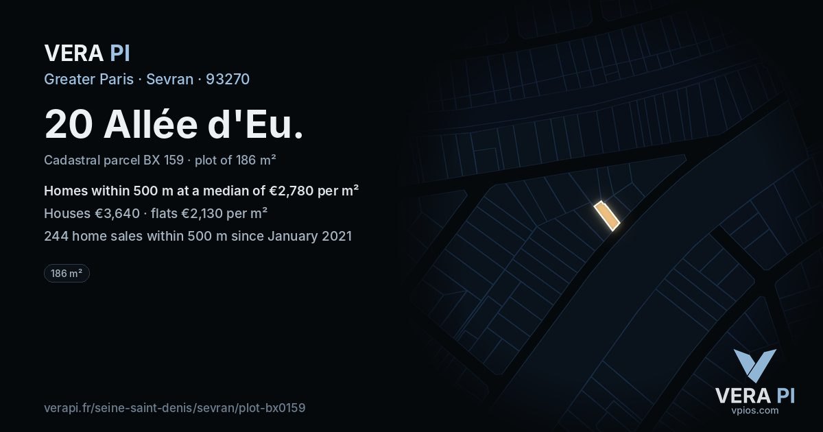 20 Allée d'Eu, Sevran at night – the plot lit, the parcels around coloured by the prices near them