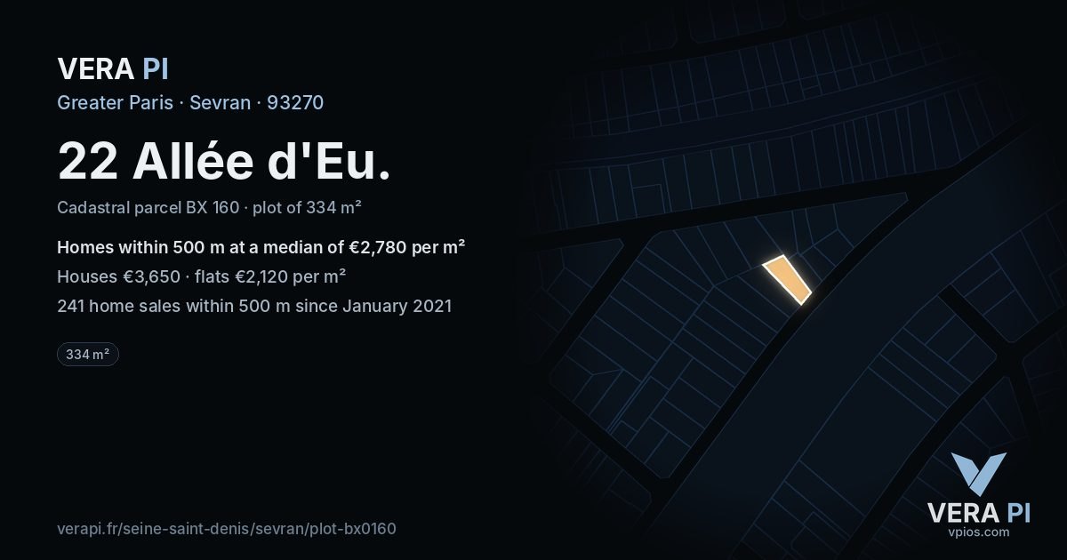 22 Allée d'Eu, Sevran at night – the plot lit, the parcels around coloured by the prices near them