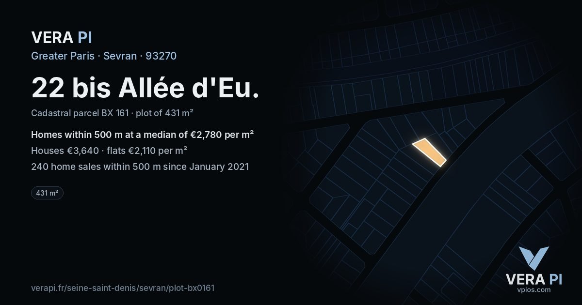 22 bis Allée d'Eu, Sevran at night – the plot lit, the parcels around coloured by the prices near them