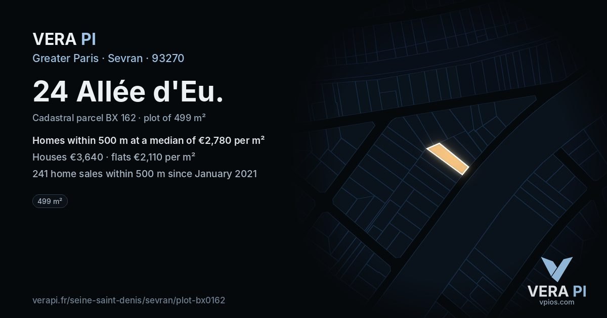 24 Allée d'Eu, Sevran at night – the plot lit, the parcels around coloured by the prices near them