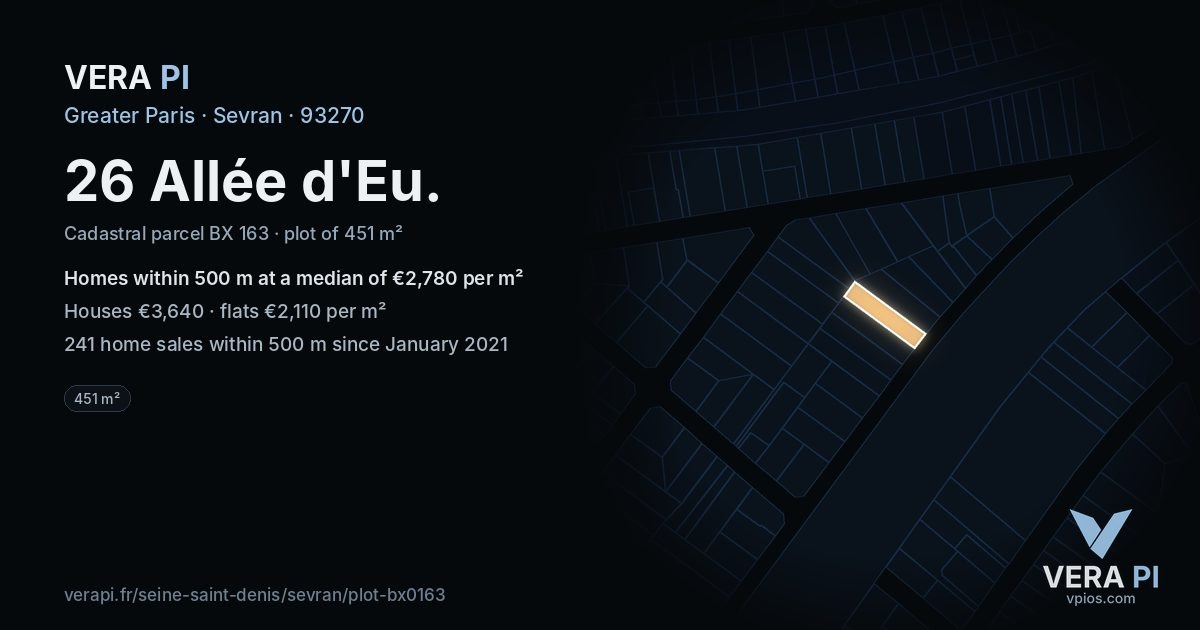 26 Allée d'Eu, Sevran at night – the plot lit, the parcels around coloured by the prices near them