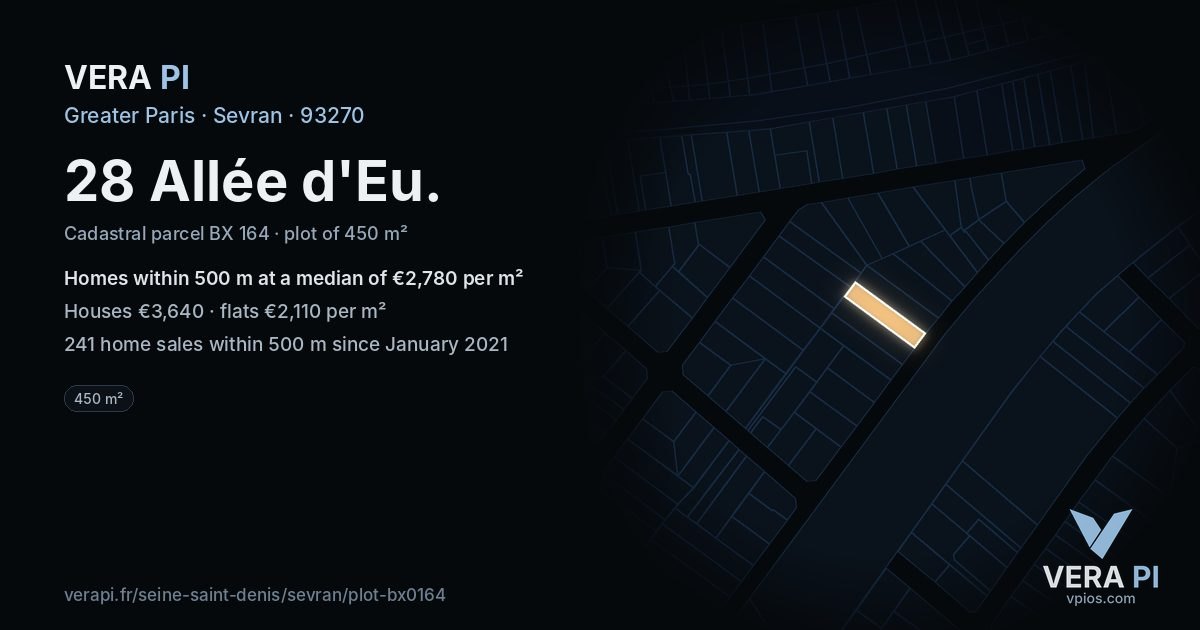 28 Allée d'Eu, Sevran at night – the plot lit, the parcels around coloured by the prices near them