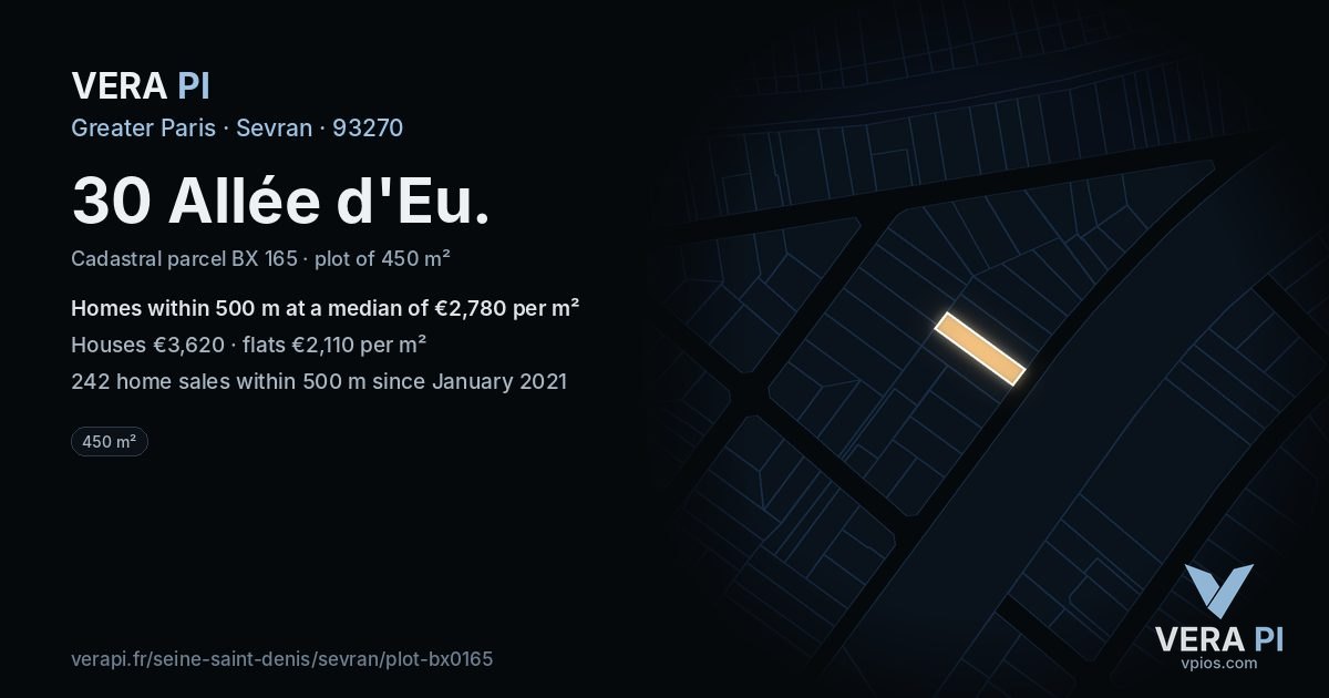 30 Allée d'Eu, Sevran at night – the plot lit, the parcels around coloured by the prices near them
