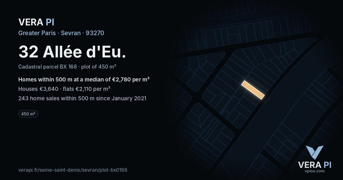 32 Allée d'Eu, Sevran at night – the plot lit, the parcels around coloured by the prices near them