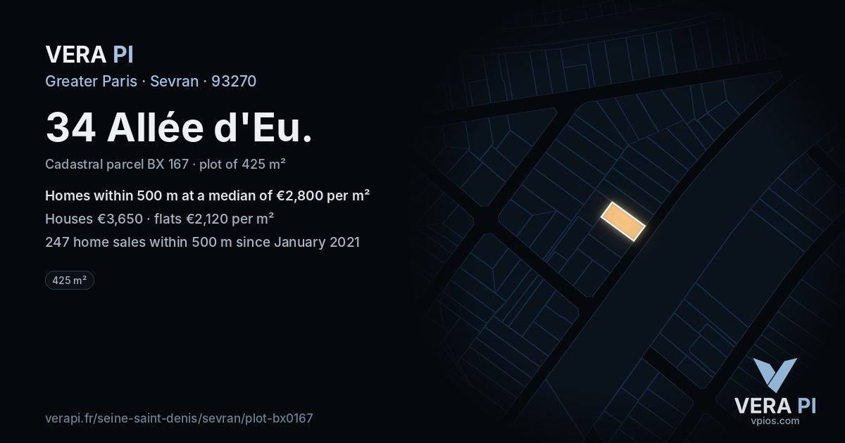 34 Allée d'Eu, Sevran at night – the plot lit, the parcels around coloured by the prices near them