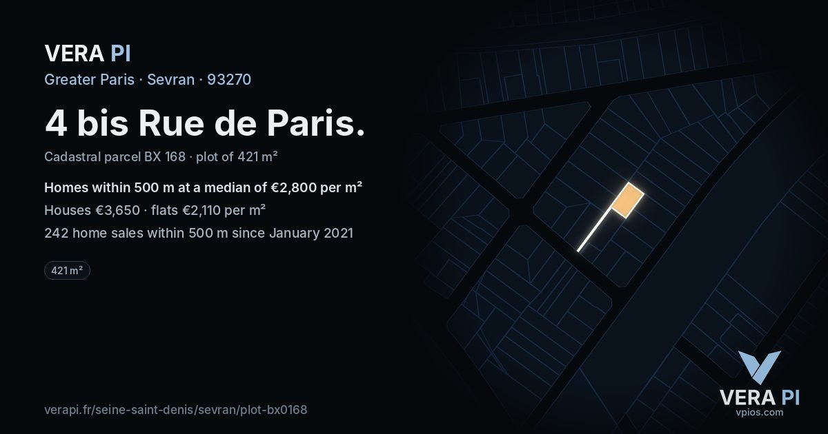 4 bis Rue de Paris, Sevran at night – the plot lit, the parcels around coloured by the prices near them