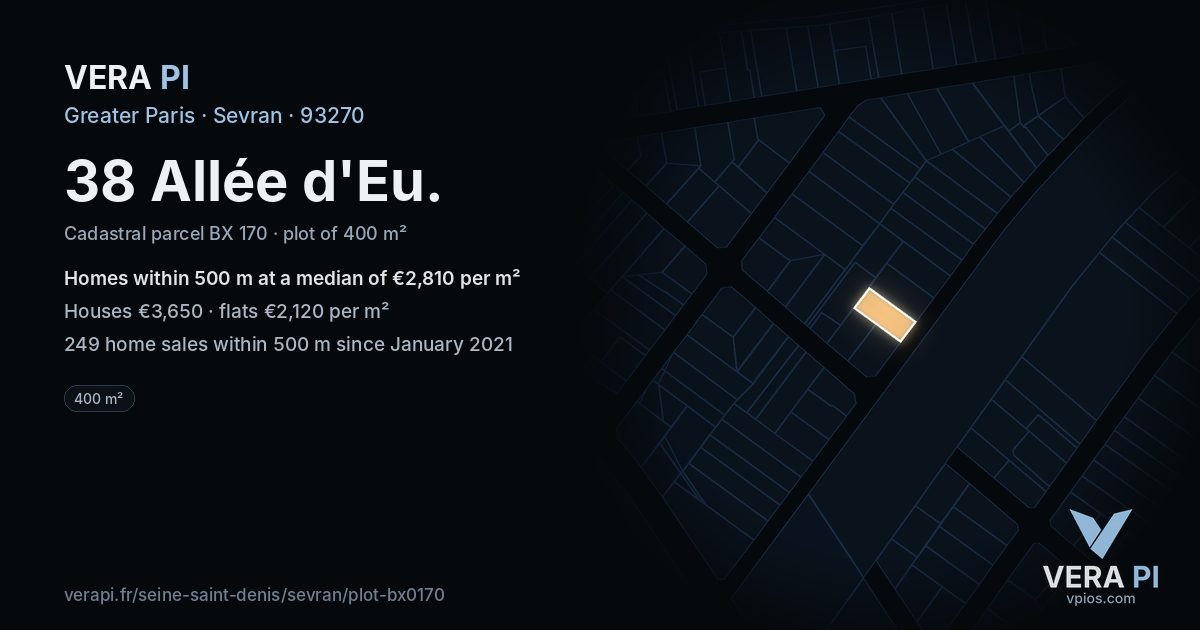 38 Allée d'Eu, Sevran at night – the plot lit, the parcels around coloured by the prices near them