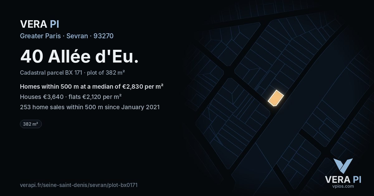 40 Allée d'Eu, Sevran at night – the plot lit, the parcels around coloured by the prices near them