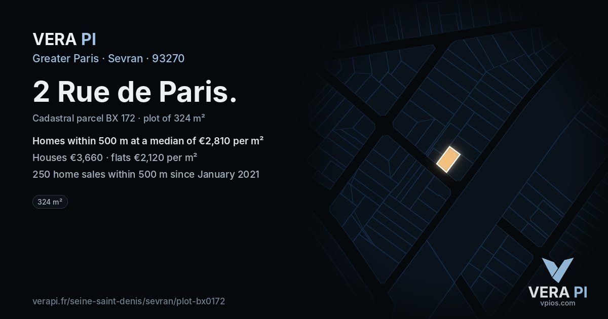 2 Rue de Paris, Sevran at night – the plot lit, the parcels around coloured by the prices near them