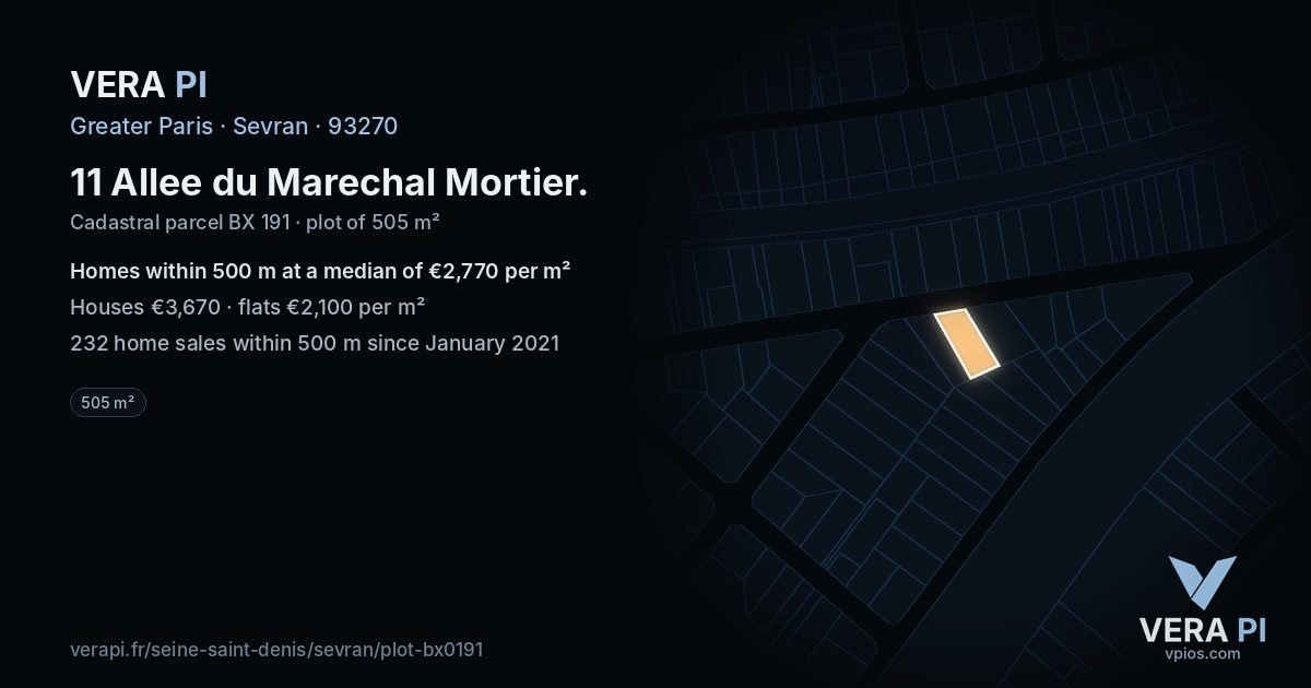 11 Allee du Marechal Mortier, Sevran at night – the plot lit, the parcels around coloured by the prices near them