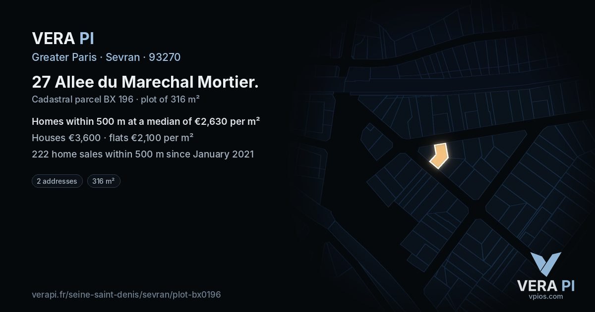 27 Allee du Marechal Mortier, Sevran at night – the plot lit, the parcels around coloured by the prices near them