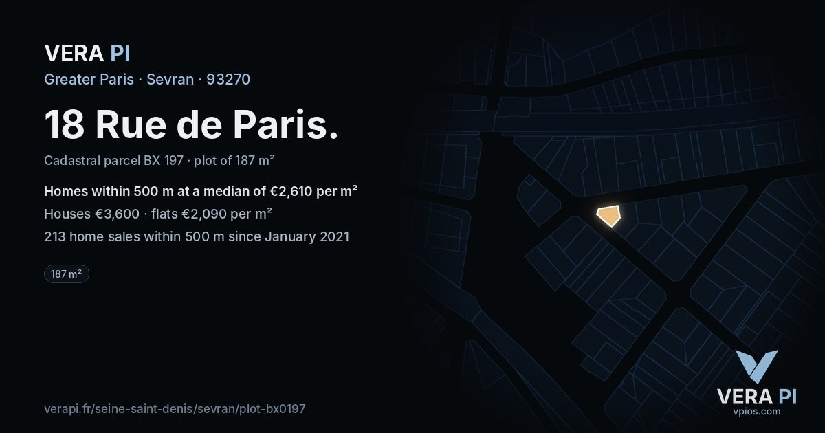 18 Rue de Paris, Sevran at night – the plot lit, the parcels around coloured by the prices near them