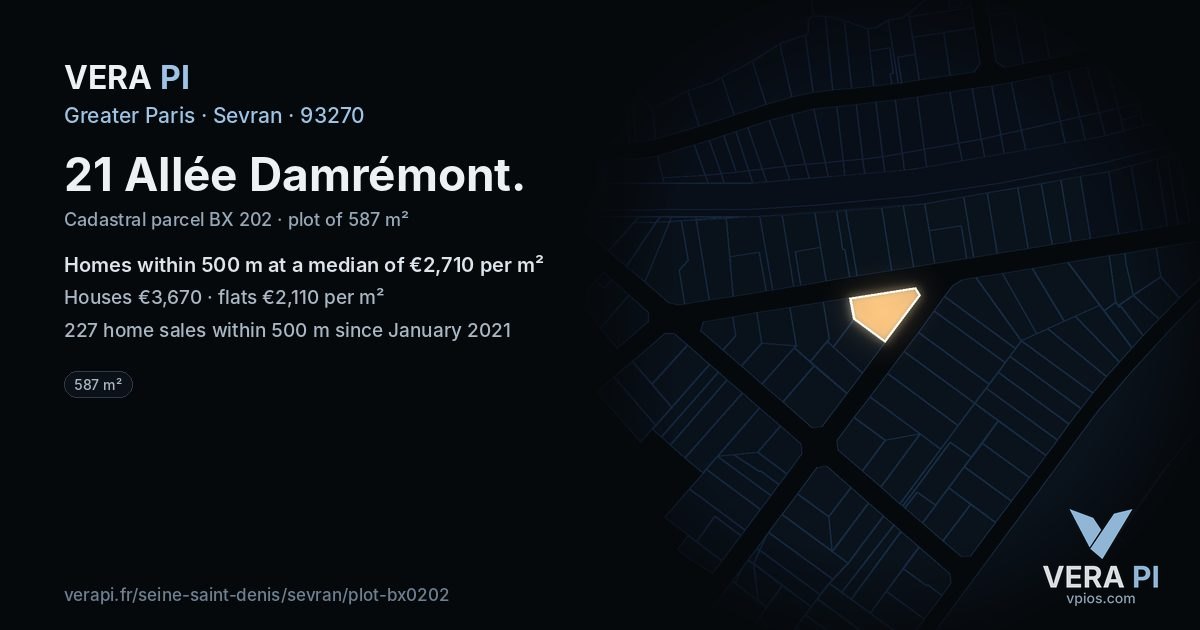 21 Allée Damrémont, Sevran at night – the plot lit, the parcels around coloured by the prices near them