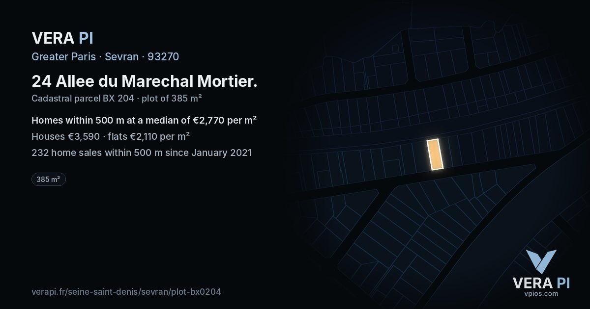 24 Allee du Marechal Mortier, Sevran at night – the plot lit, the parcels around coloured by the prices near them