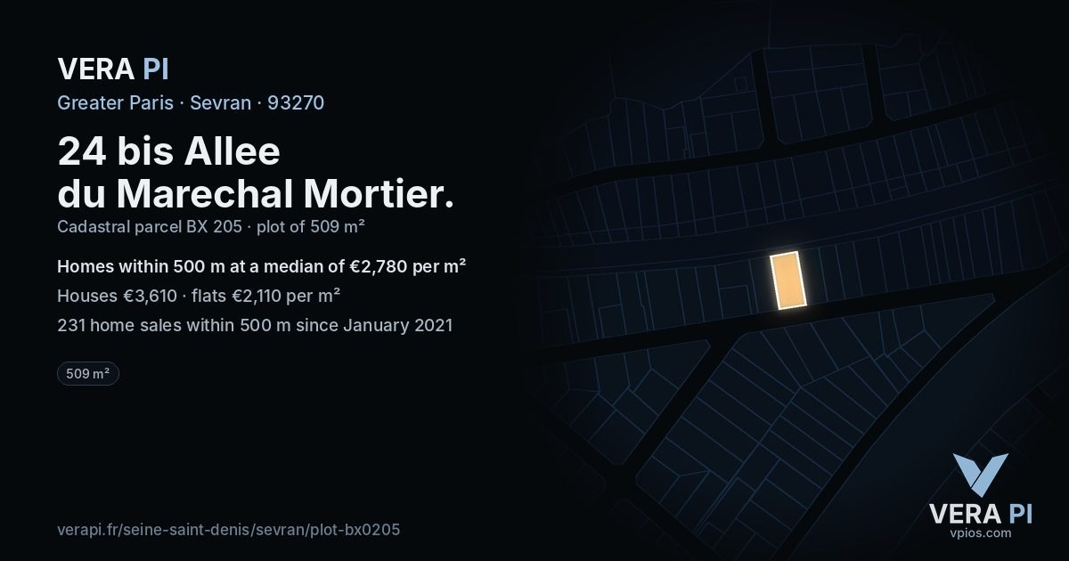 24 bis Allee du Marechal Mortier, Sevran at night – the plot lit, the parcels around coloured by the prices near them