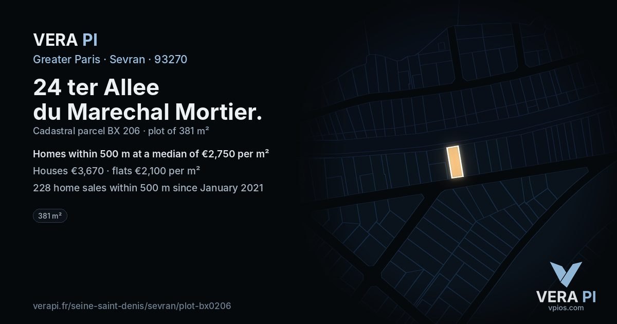 24 ter Allee du Marechal Mortier, Sevran at night – the plot lit, the parcels around coloured by the prices near them