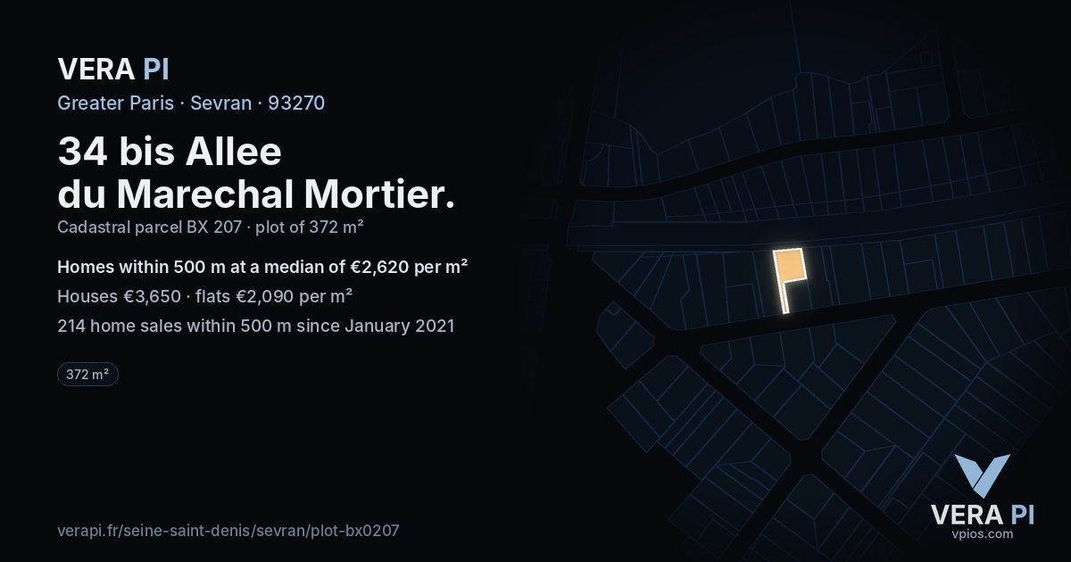 34 bis Allee du Marechal Mortier, Sevran at night – the plot lit, the parcels around coloured by the prices near them