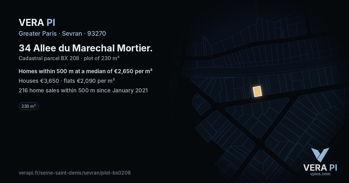 34 Allee du Marechal Mortier, Sevran at night – the plot lit, the parcels around coloured by the prices near them