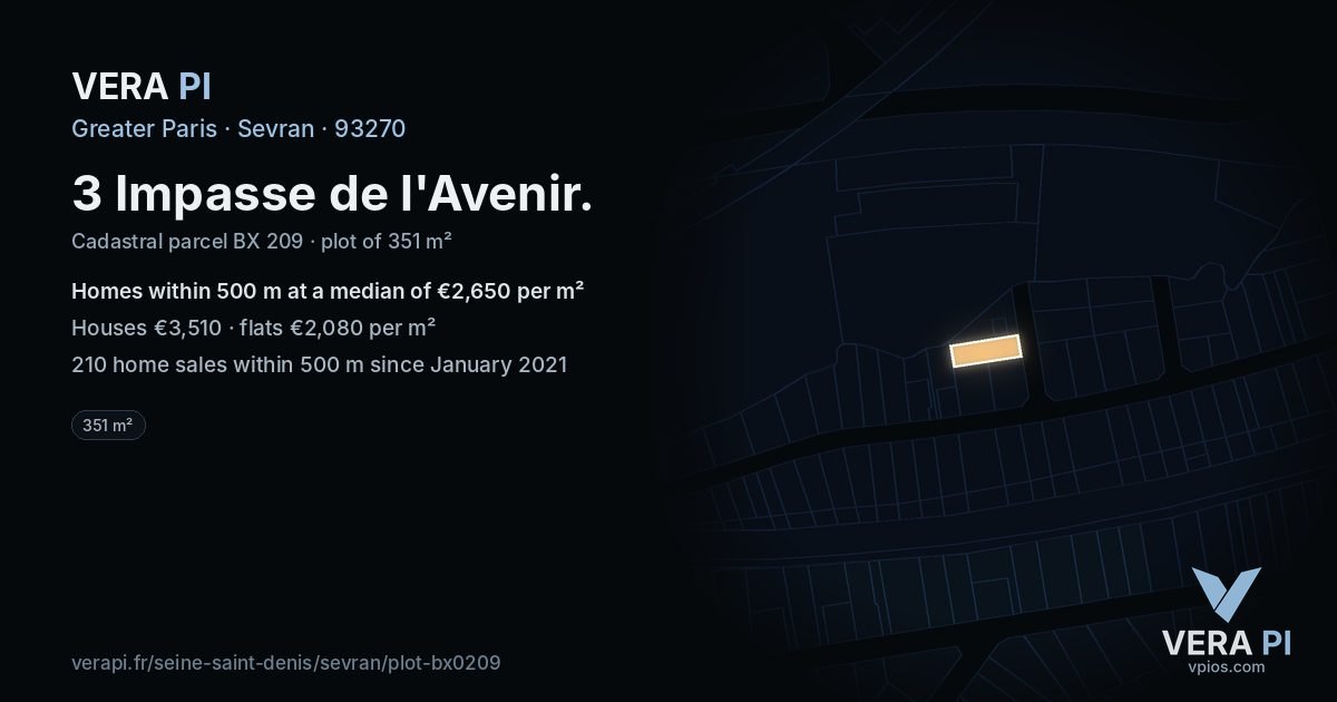 3 Impasse de l'Avenir, Sevran at night – the plot lit, the parcels around coloured by the prices near them