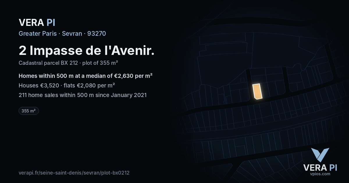 2 Impasse de l'Avenir, Sevran at night – the plot lit, the parcels around coloured by the prices near them