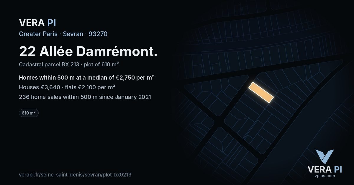 22 Allée Damrémont, Sevran at night – the plot lit, the parcels around coloured by the prices near them