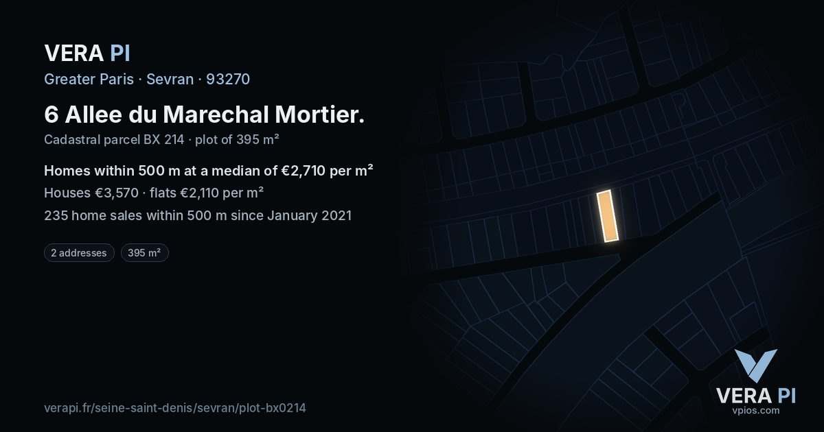 6 Allee du Marechal Mortier, Sevran at night – the plot lit, the parcels around coloured by the prices near them