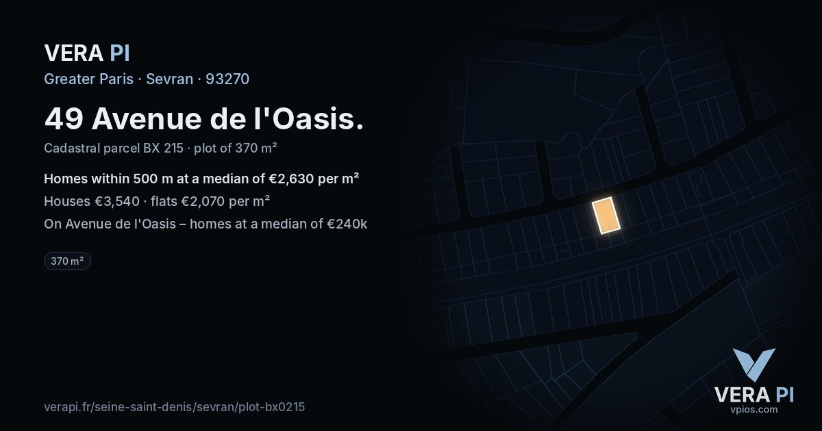 49 Avenue de l'Oasis, Sevran at night – the plot lit, the parcels around coloured by the prices near them