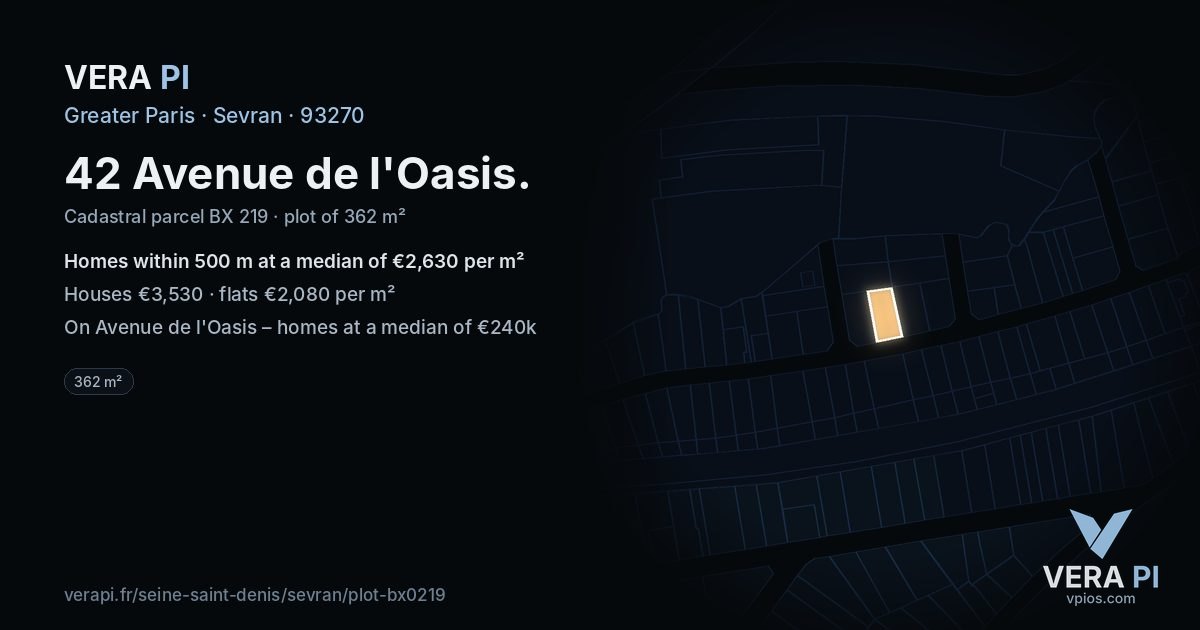 42 Avenue de l'Oasis, Sevran at night – the plot lit, the parcels around coloured by the prices near them