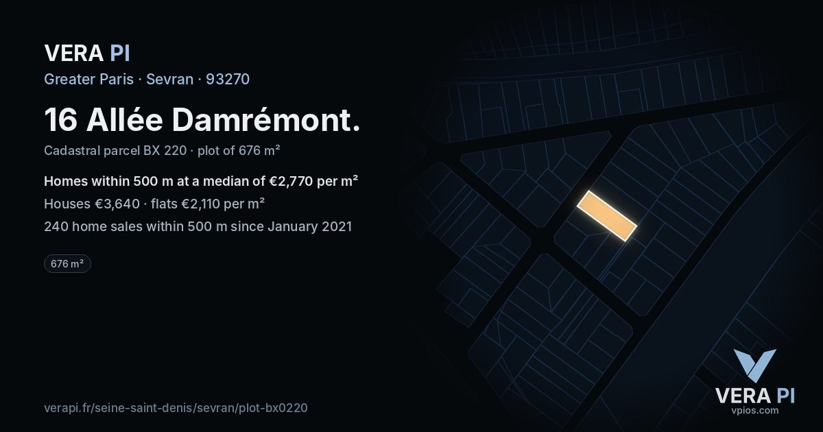 16 Allée Damrémont, Sevran at night – the plot lit, the parcels around coloured by the prices near them