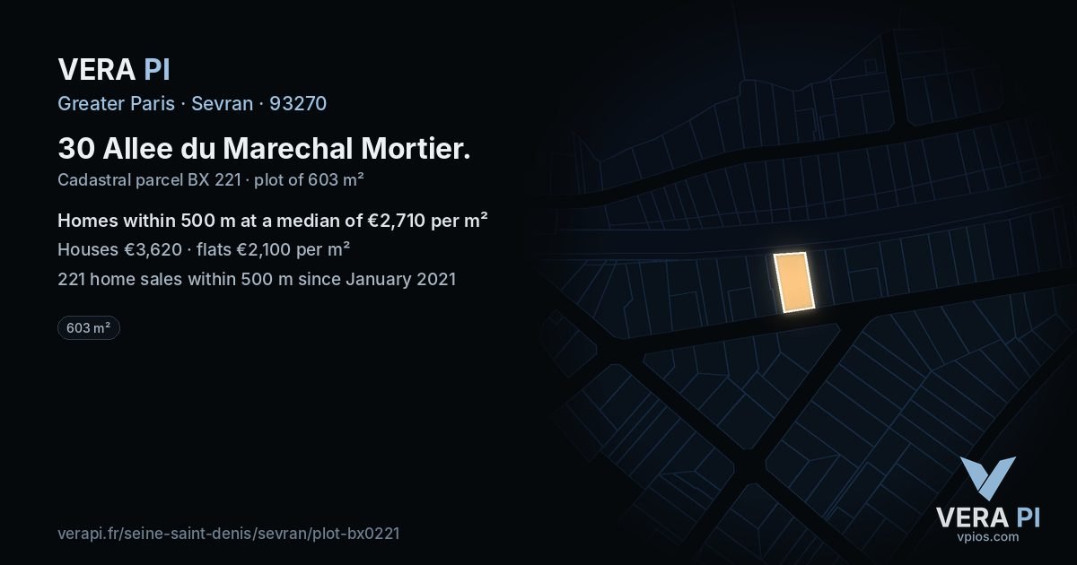 30 Allee du Marechal Mortier, Sevran at night – the plot lit, the parcels around coloured by the prices near them