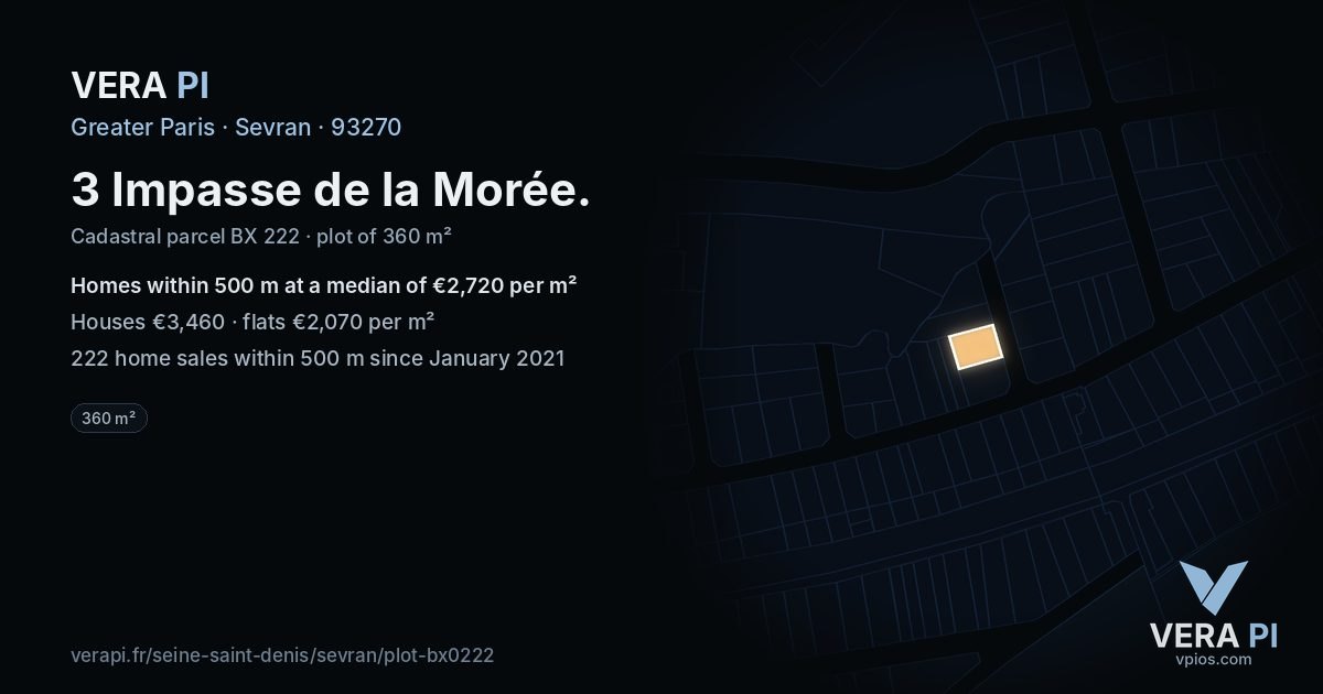 3 Impasse de la Morée, Sevran at night – the plot lit, the parcels around coloured by the prices near them