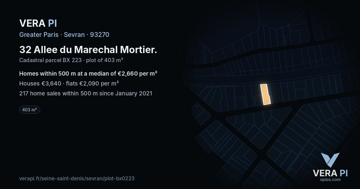 32 Allee du Marechal Mortier, Sevran at night – the plot lit, the parcels around coloured by the prices near them