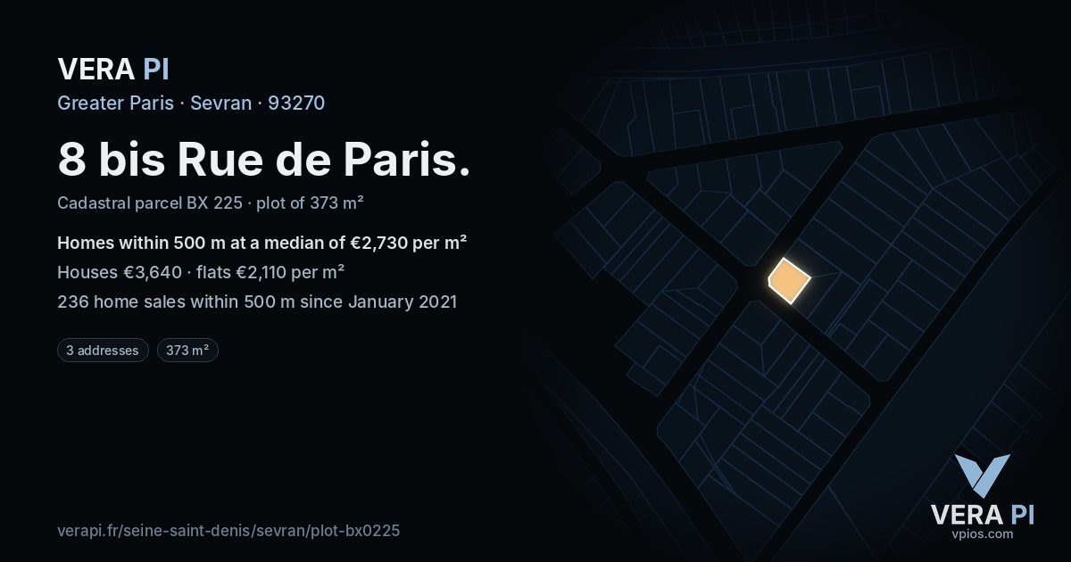 8 bis Rue de Paris, Sevran at night – the plot lit, the parcels around coloured by the prices near them