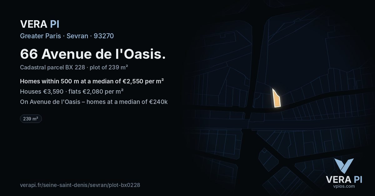 66 Avenue de l'Oasis, Sevran at night – the plot lit, the parcels around coloured by the prices near them