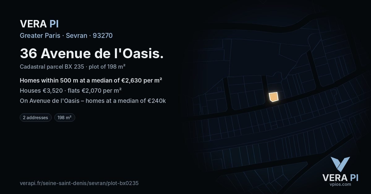 36 Avenue de l'Oasis, Sevran at night – the plot lit, the parcels around coloured by the prices near them
