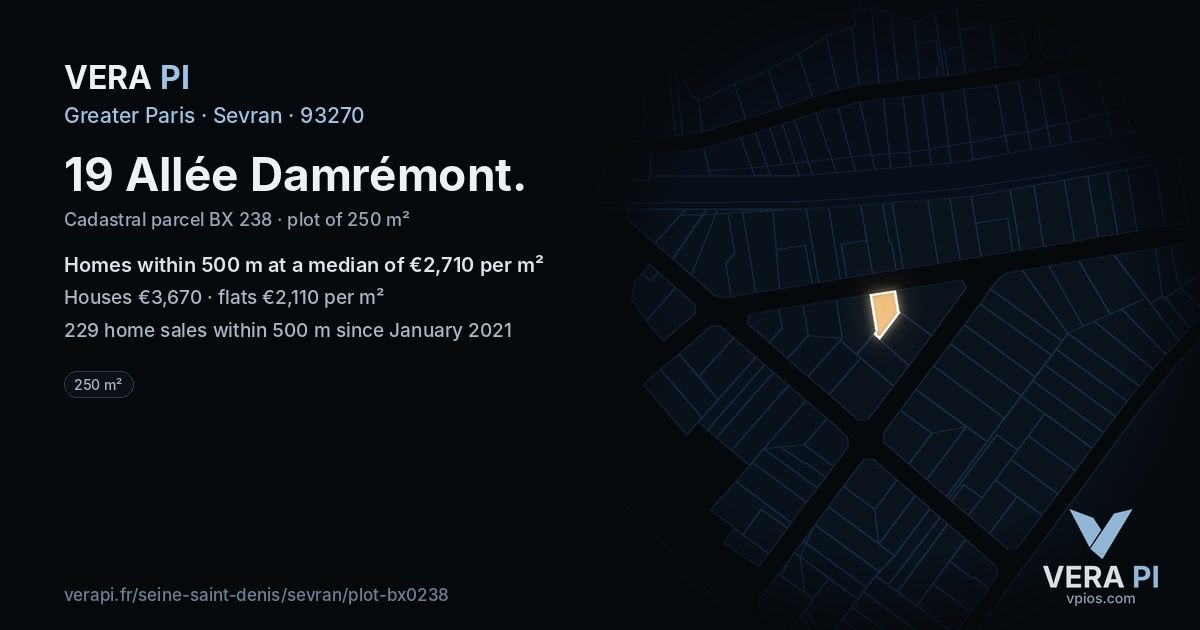 19 Allée Damrémont, Sevran at night – the plot lit, the parcels around coloured by the prices near them