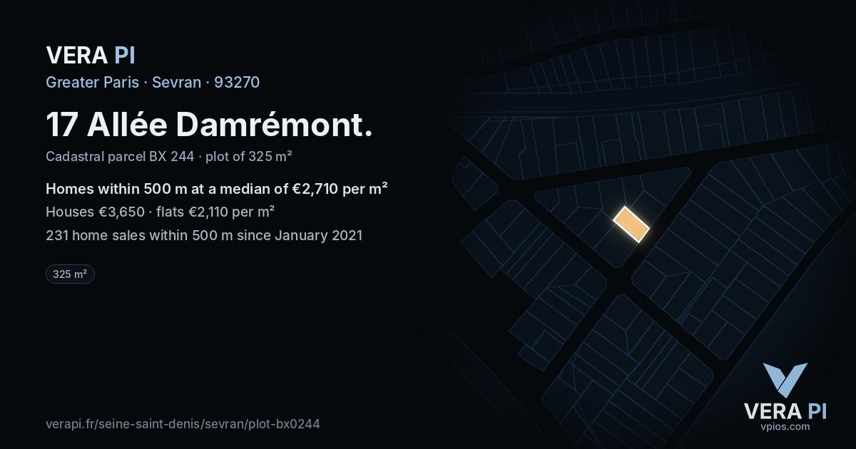 17 Allée Damrémont, Sevran at night – the plot lit, the parcels around coloured by the prices near them