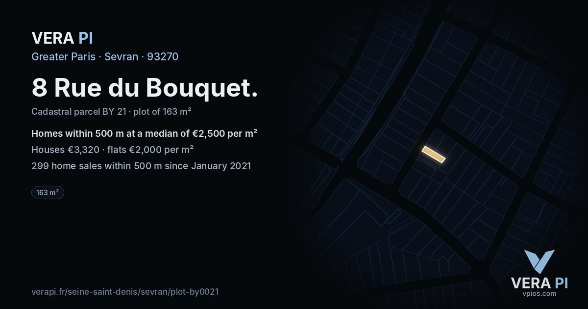 8 Rue du Bouquet, Sevran at night – the plot lit, the parcels around coloured by the prices near them