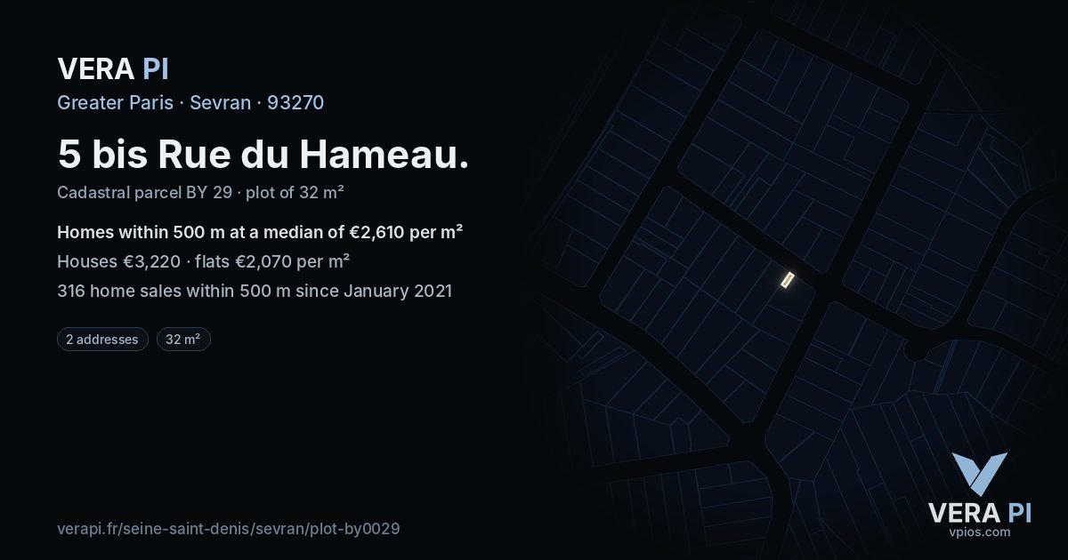 5 bis Rue du Hameau, Sevran at night – the plot lit, the parcels around coloured by the prices near them