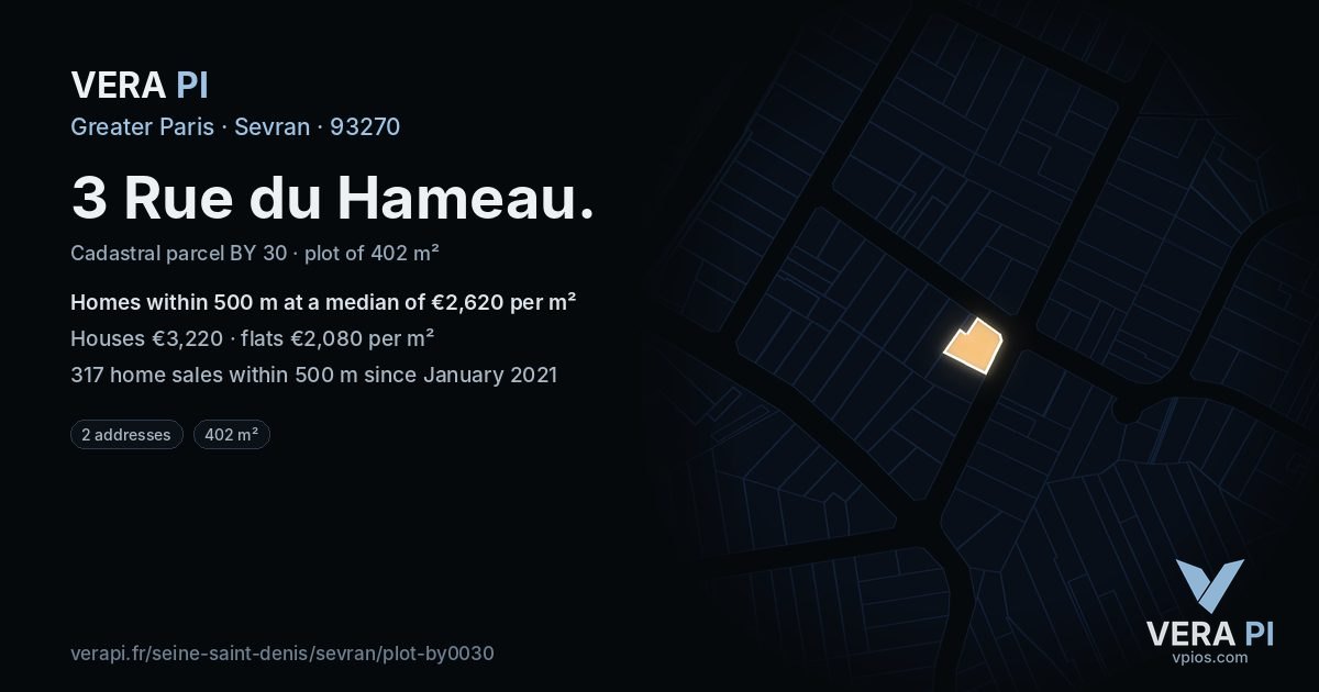 3 Rue du Hameau, Sevran at night – the plot lit, the parcels around coloured by the prices near them