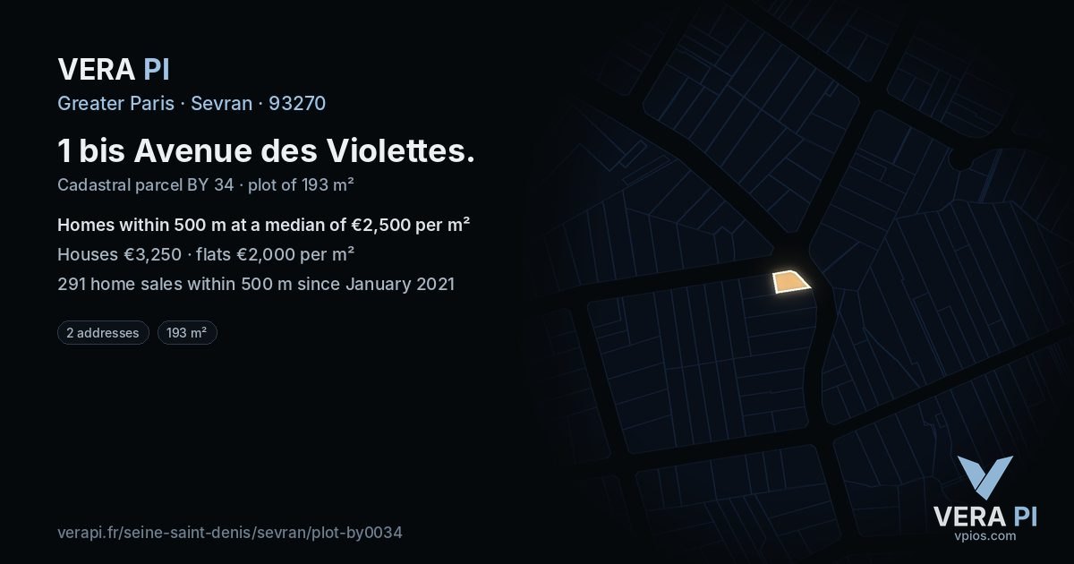 1 bis Avenue des Violettes, Sevran at night – the plot lit, the parcels around coloured by the prices near them