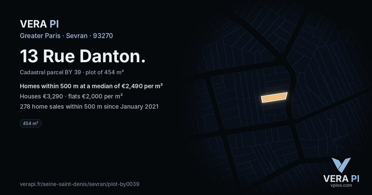 13 Rue Danton, Sevran at night – the plot lit, the parcels around coloured by the prices near them