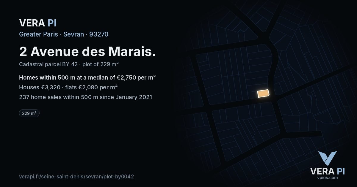 2 Avenue des Marais, Sevran at night – the plot lit, the parcels around coloured by the prices near them