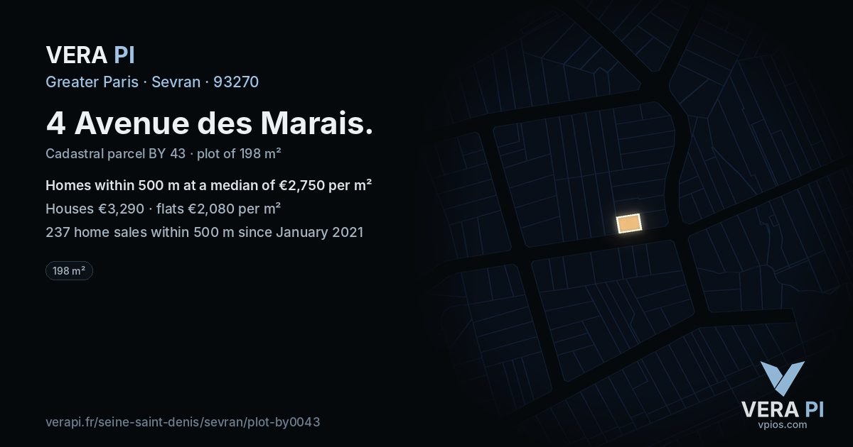4 Avenue des Marais, Sevran at night – the plot lit, the parcels around coloured by the prices near them