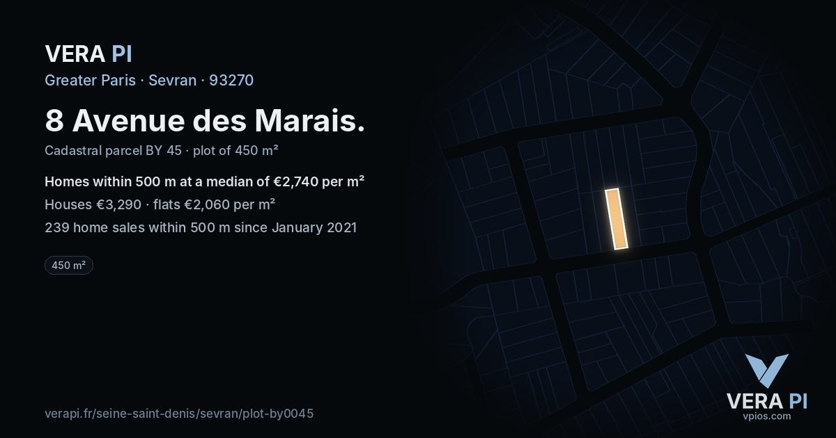 8 Avenue des Marais, Sevran at night – the plot lit, the parcels around coloured by the prices near them