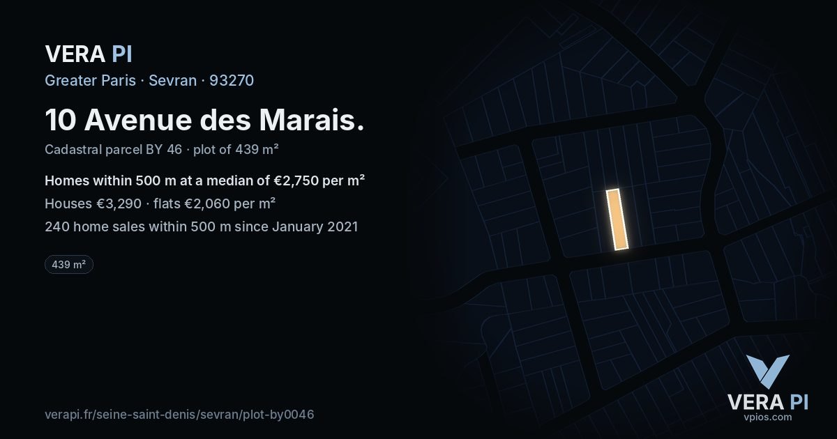 10 Avenue des Marais, Sevran at night – the plot lit, the parcels around coloured by the prices near them